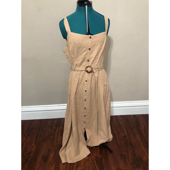 🧺All Worthy Tan Belted Midi Button Down Dress, size 14 - Picture 2 of 5